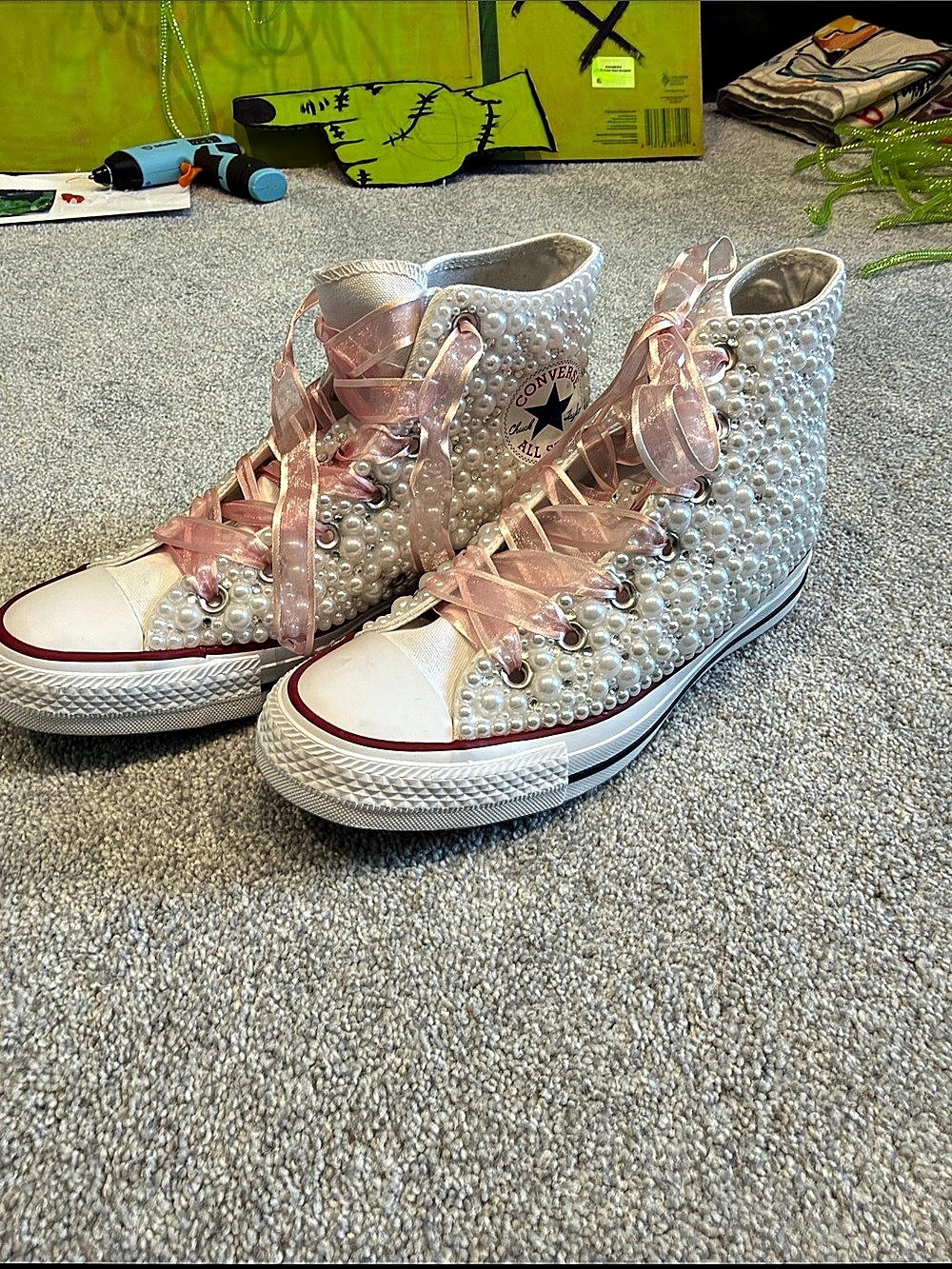 Converse Chuck Taylor All Star Pearl Embellished High Top Sneakers White & Pink